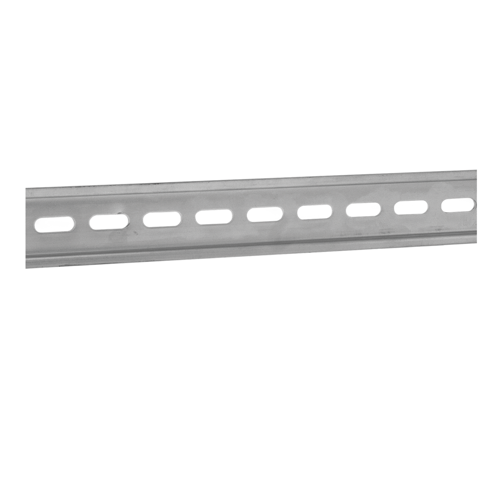 Rail DIN omega acier 35x7,5mm  0,5m Trous oblongs 15x6,1mm